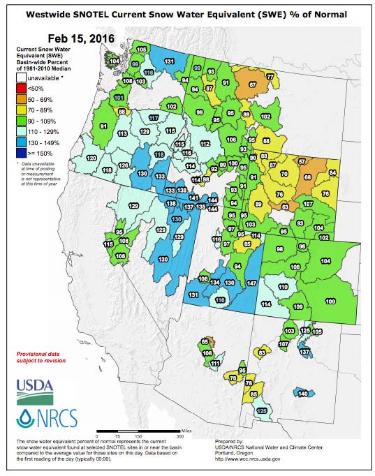 Snotel Data as of February 15, 2016