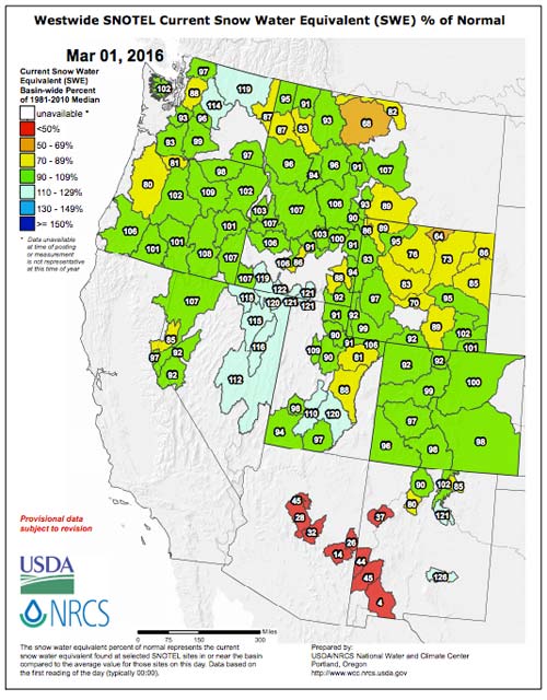 SNOTEL Data: The Current Western US Snowpack – March 1, 2016 SnoTel Data - March 1, 2016