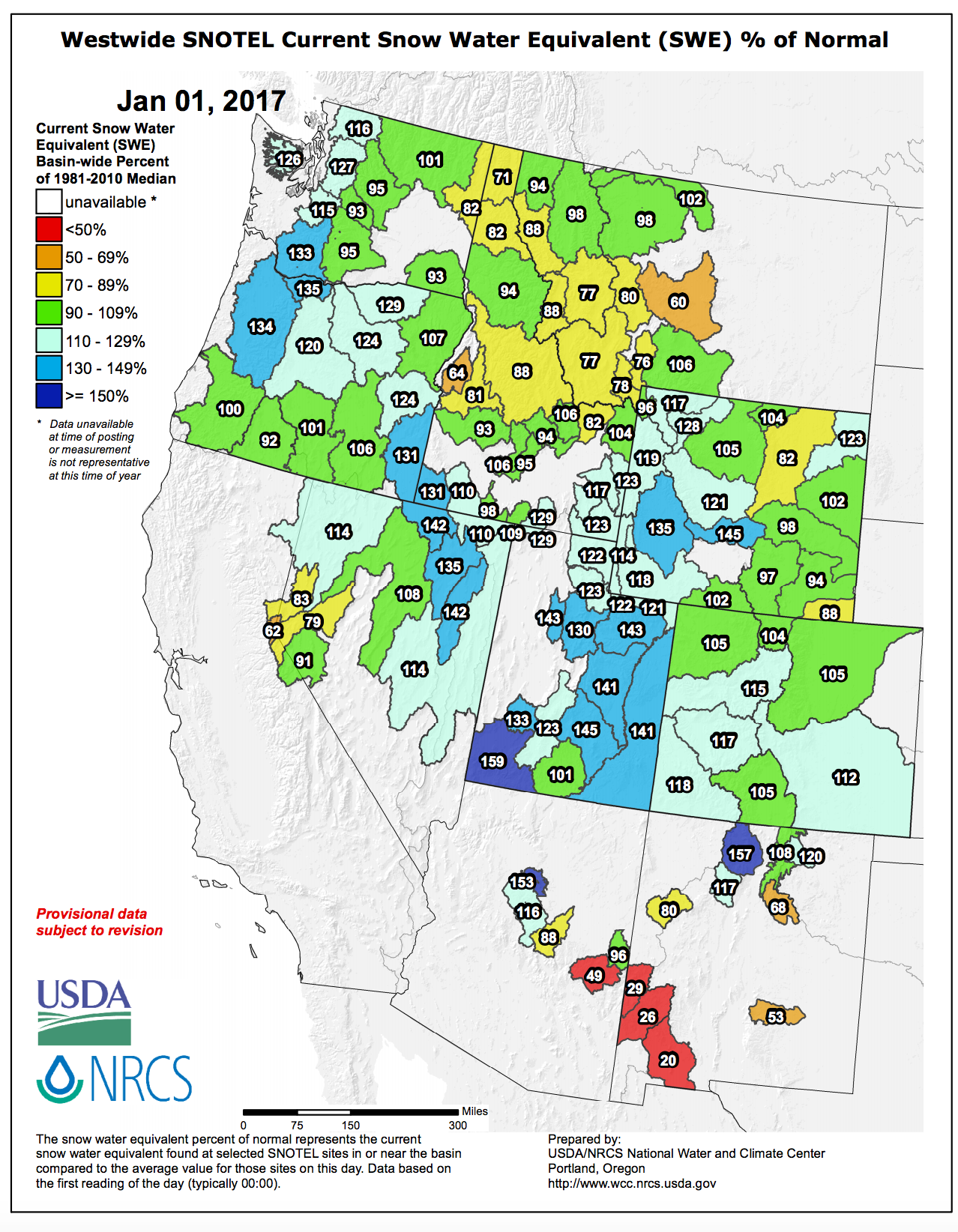 SNOTEL Data: The Current Western US Snowpack – January 1, 2017 Snotel Data - January 1, 2017