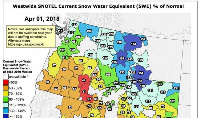 SNOTEL Data: The Current Western US Snowpack – SWE % Of Normal – April 1, 2018 Snotel Data - April 1, 2018