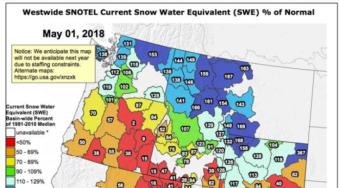 SNOTEL Data: The Current Western US Snowpack – SWE % Of Normal – May 1, 2018