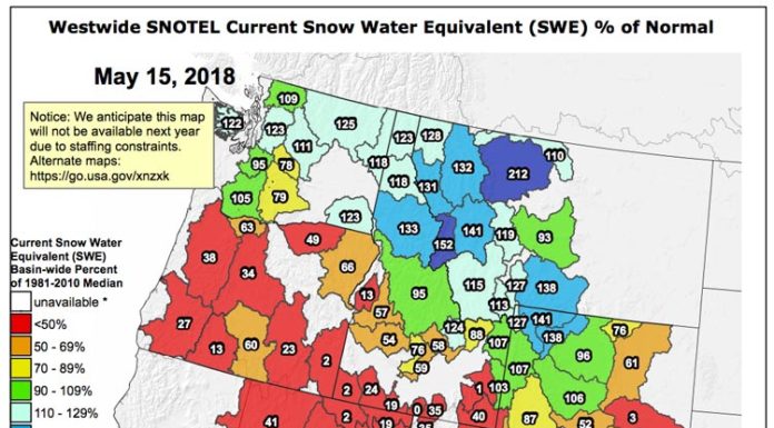 SNOTEL Data: The Current Western US Snowpack – SWE % Of Normal – May 15, 2018 SNOTEL Data - May 15, 2018