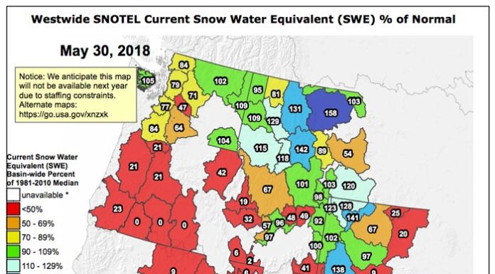 SNOTEL Data: The Current Western US Snowpack – SWE % Of Normal – May 30, 2018 Snotel Data - May 30, 2018