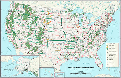 US National Forests Map | By U.S. Forest Service (http://www.fs.fed.us/maps/) [Public domain], via Wikimedia Commons