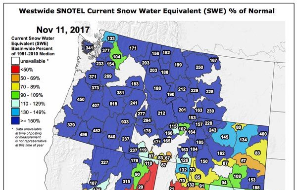 SNOTEL Data: The Current Western US Snowpack – SWE % Of Normal – November 11, 2017 Snotel Data - November 11, 2017
