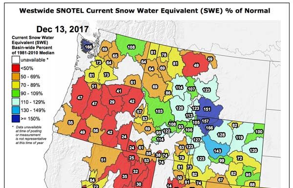 SNOTEL Data: The Current Western US Snowpack – SWE % Of Normal – December 13, 2017 Snotel Data - December 13, 2017