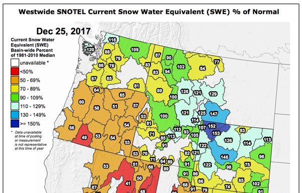 SNOTEL Data: The Current Western US Snowpack – SWE % Of Normal – December 25, 2017 Snotel Data - December 25. 2017
