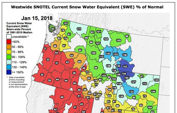 SNOTEL Data: The Current Western US Snowpack – SWE % Of Normal – January 15, 2018 Snotel Data - January 15, 2018
