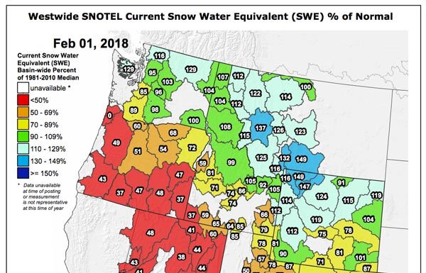 SNOTEL Data: The Current Western US Snowpack – SWE % Of Normal – February 1, 2018 Snotel Data - February 1, 2018