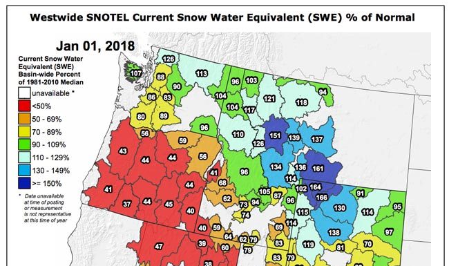 SNOTEL Data: The Current Western US Snowpack – SWE % Of Normal – January 1, 2018 Snotel Data - January 1, 2018