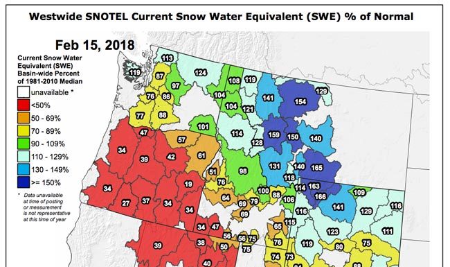 SNOTEL Data: The Current Western US Snowpack – SWE % Of Normal – February 15, 2018 Snotel Data - February 15, 2018