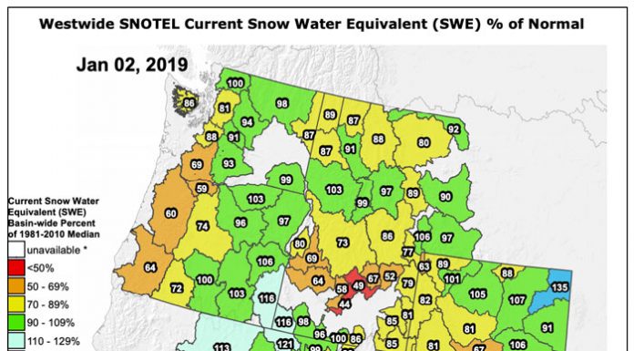SNOTEL Data: The Current Western US Snowpack – SWE % Of Normal – January 2, 2019 Snotel Data - January 2, 2019